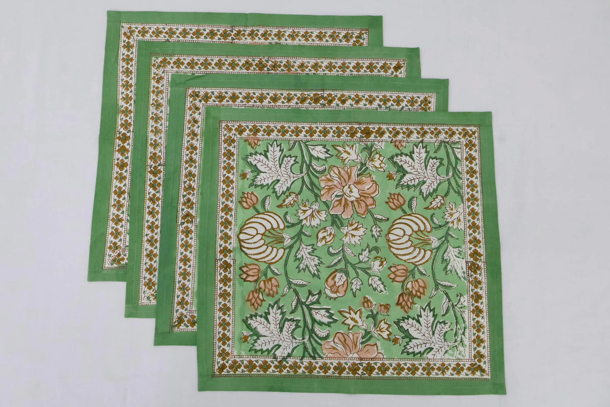 Hand Block Printed Cotton Napkins | Elegant Table Linen- Green and Yellow