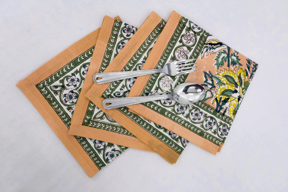 Hand Block Printed Cotton Napkins | Elegant Table Linen- Orange, Green and Yellow