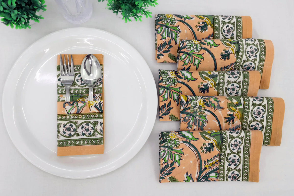 Hand Block Printed Cotton Napkins | Elegant Table Linen- Orange, Green and Yellow