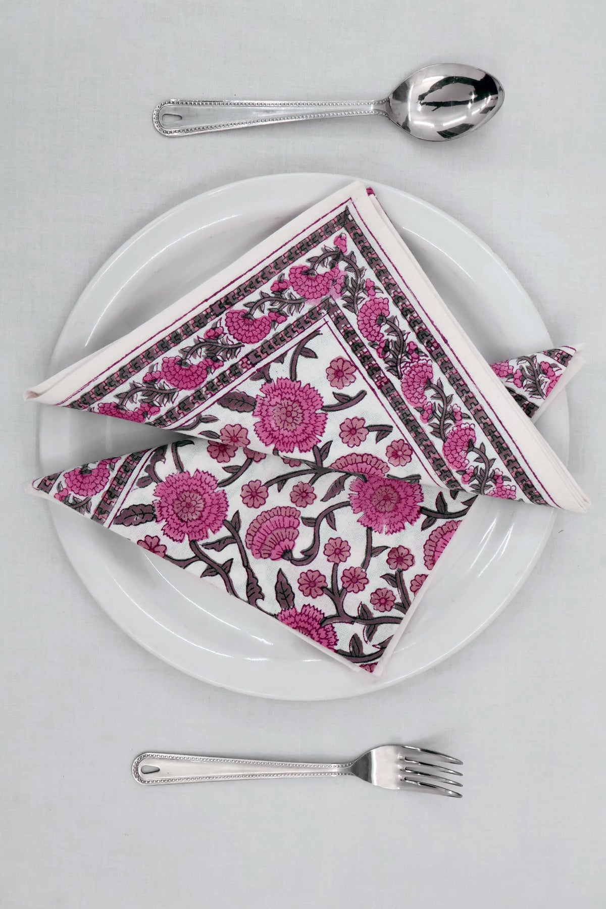 Hand Block Printed Cotton Napkins | Elegant Table Linen- Pink and White