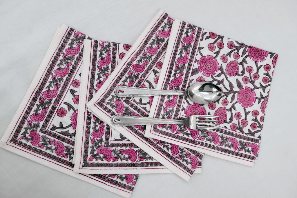 Hand Block Printed Cotton Napkins | Elegant Table Linen- Pink and White