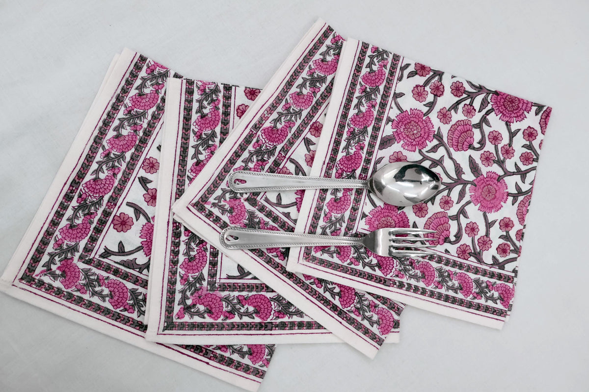 Hand Block Printed Cotton Napkins | Elegant Table Linen- Pink and White
