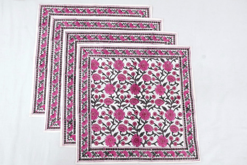 Hand Block Printed Cotton Napkins | Elegant Table Linen- Pink and White