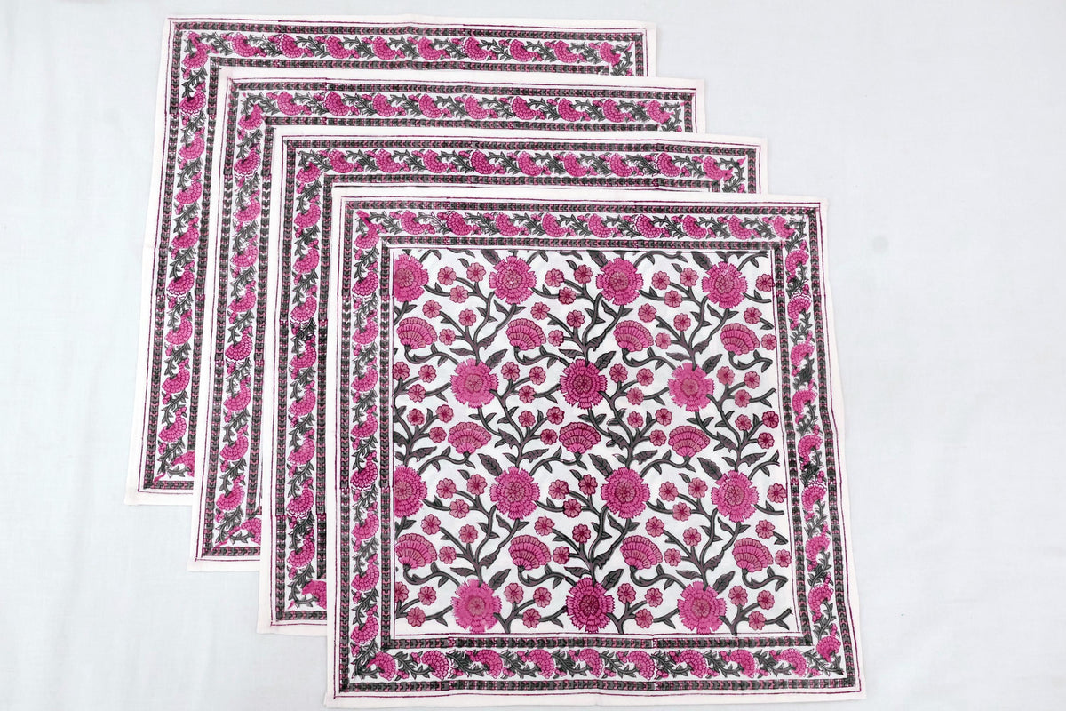 Hand Block Printed Cotton Napkins | Elegant Table Linen- Pink and White
