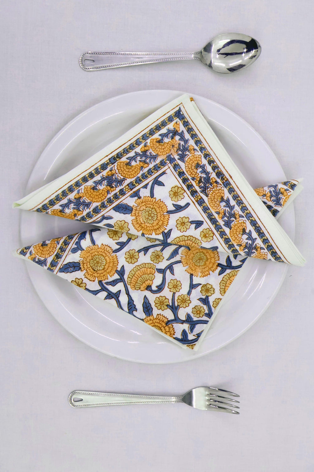 Hand Block Printed Cotton Napkins | Elegant Table Linen- Yellow and Blue
