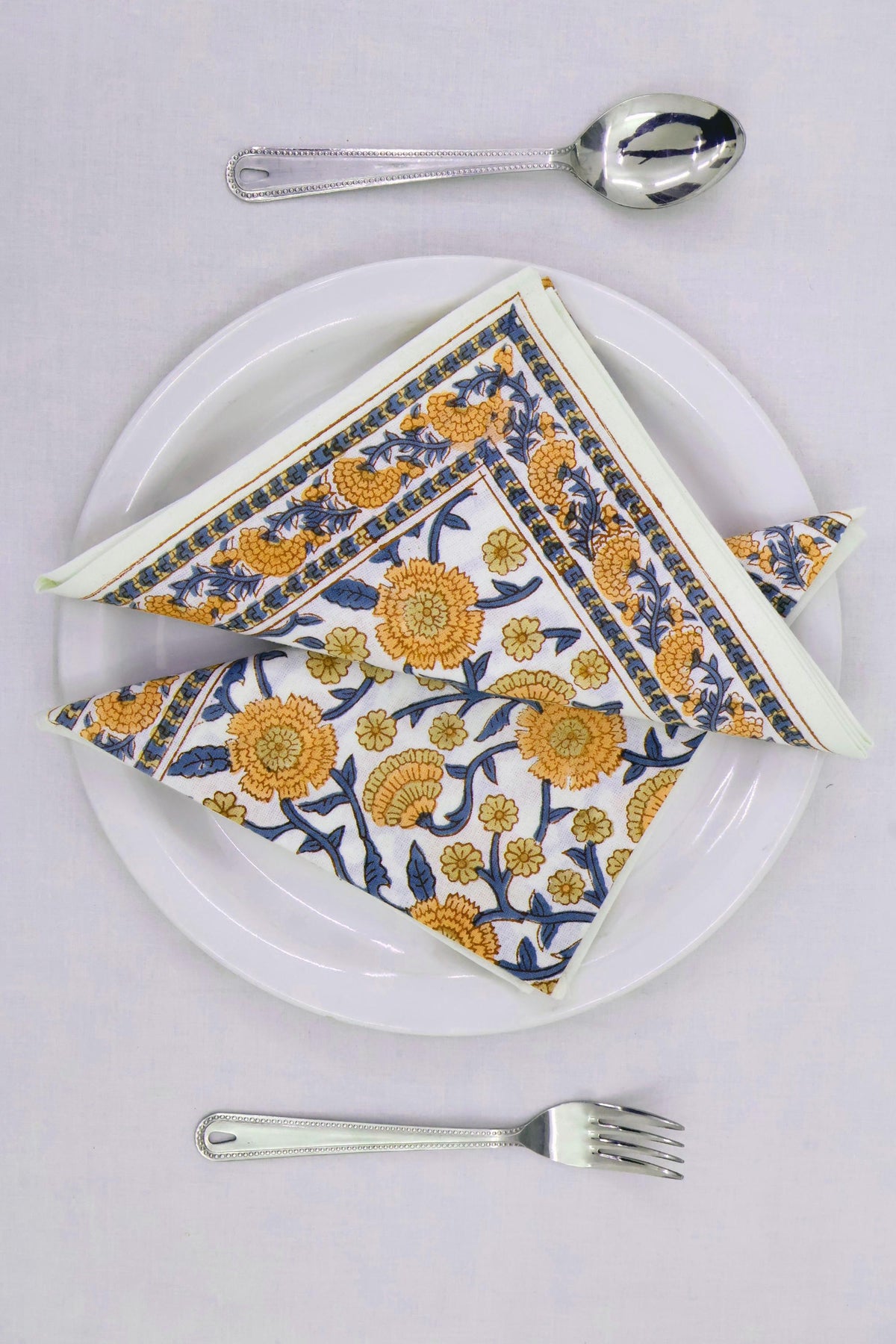 Hand Block Printed Cotton Napkins | Elegant Table Linen- Yellow and Blue