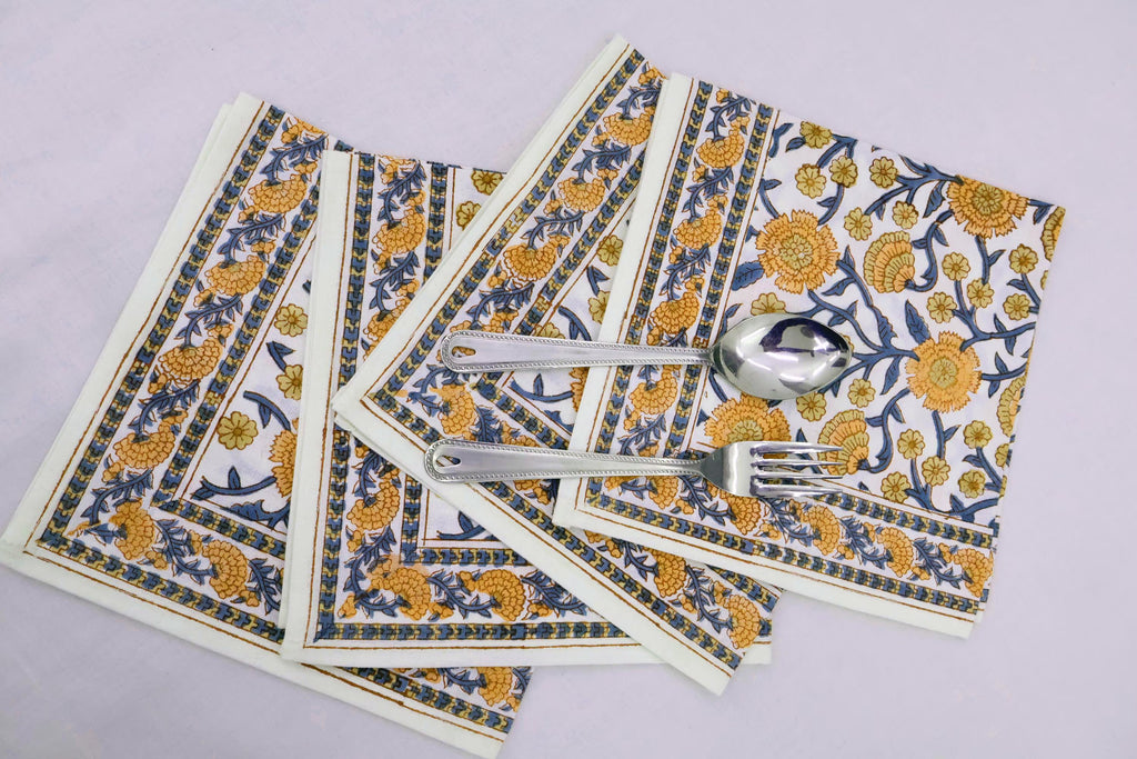 Hand Block Printed Cotton Napkins | Elegant Table Linen- Yellow and Blue