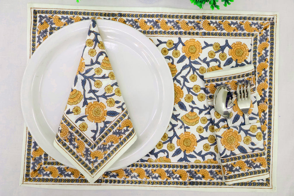 Hand Block Printed Cotton Napkins | Elegant Table Linen- Yellow and Blue