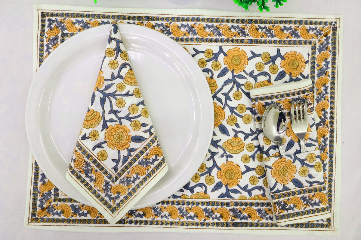 Hand Block Printed Cotton Napkins | Elegant Table Linen- Yellow and Blue
