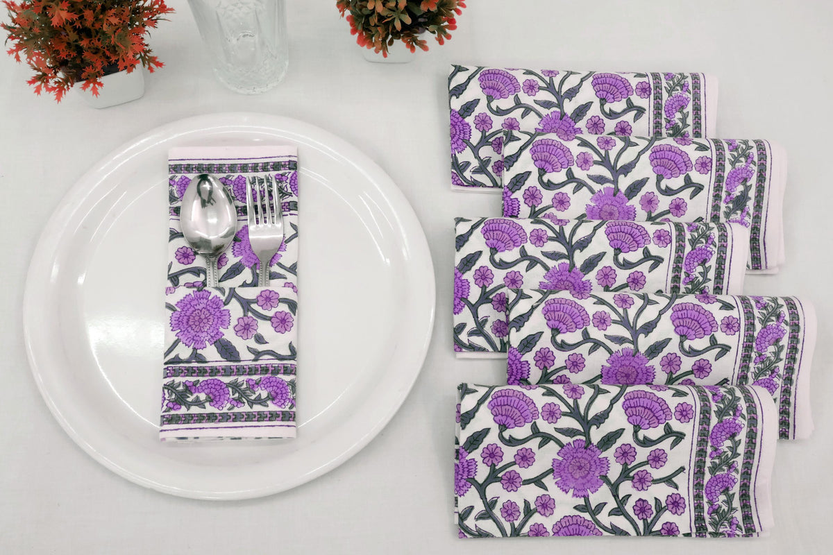 Hand Block Printed Cotton Napkins | Elegant Table Linen- Purple and Grey