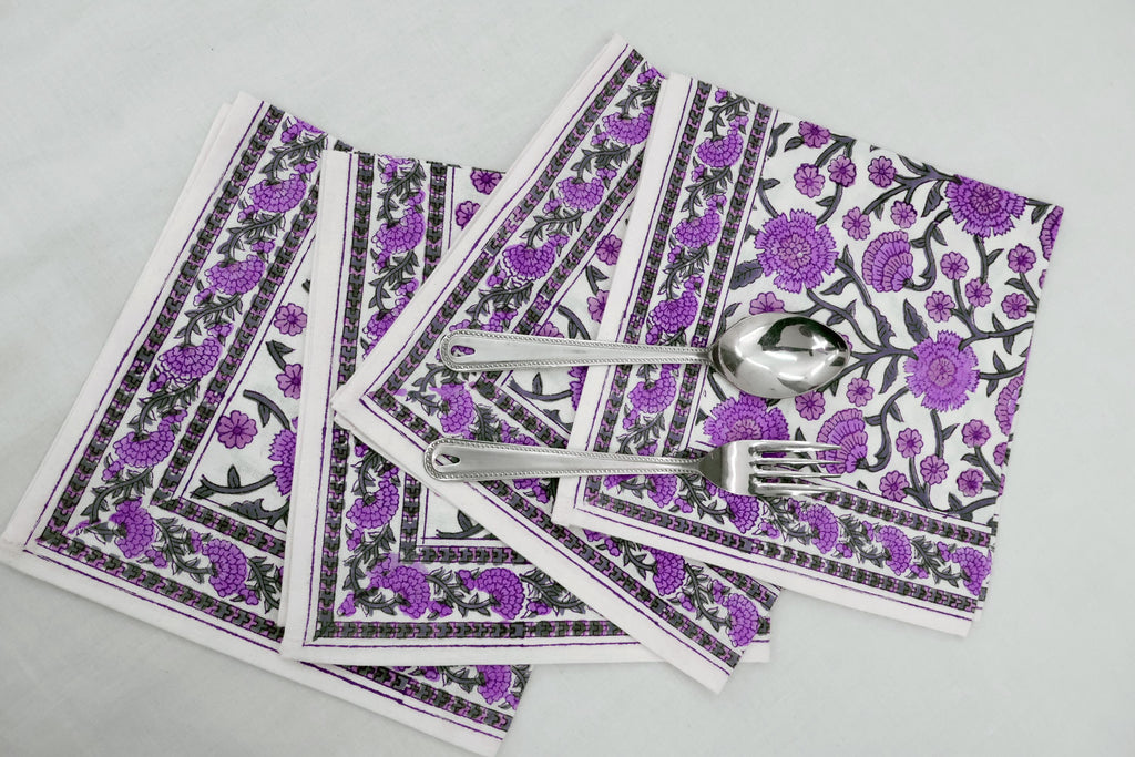 Hand Block Printed Cotton Napkins | Elegant Table Linen- Purple and Grey