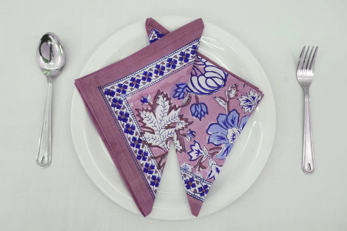 Hand Block Printed Cotton Napkins | Elegant Table Linen- Pink and Blue