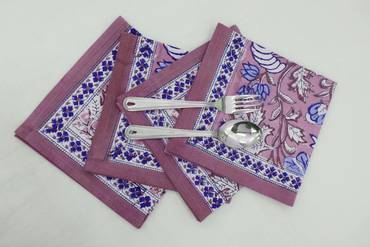 Hand Block Printed Cotton Napkins | Elegant Table Linen- Pink and Blue