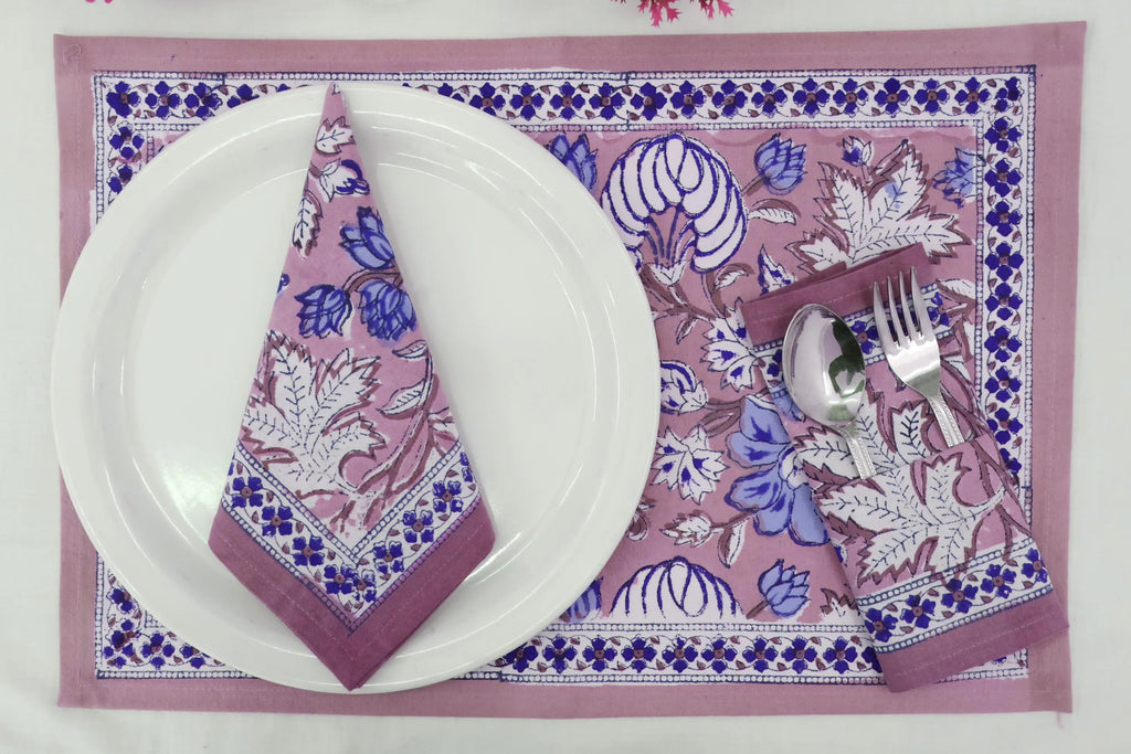 Hand Block Printed Cotton Napkins | Elegant Table Linen- Pink and Blue