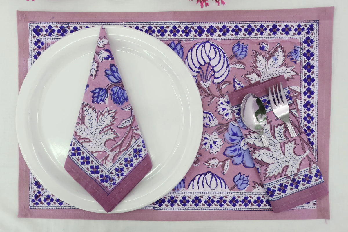 Hand Block Printed Cotton Napkins | Elegant Table Linen- Pink and Blue