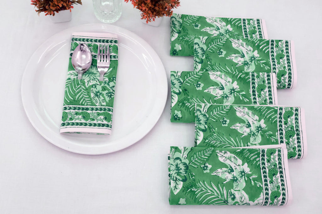 Hand Block Printed Cotton Napkins | Elegant Table Linen- Green and White