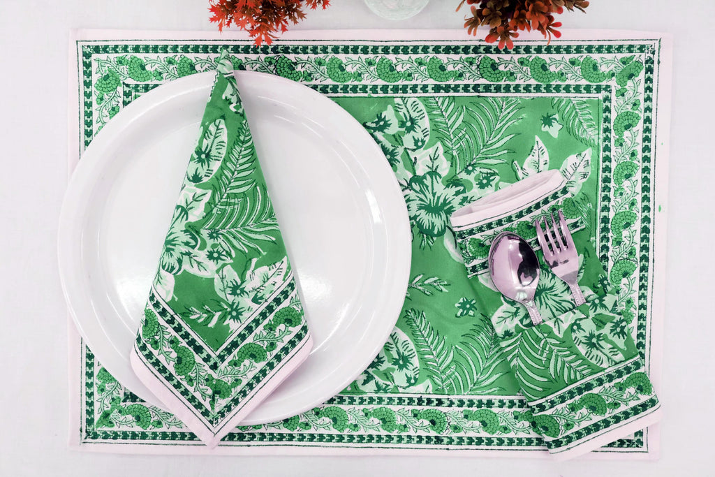 Hand Block Printed Cotton Napkins | Elegant Table Linen- Green and White