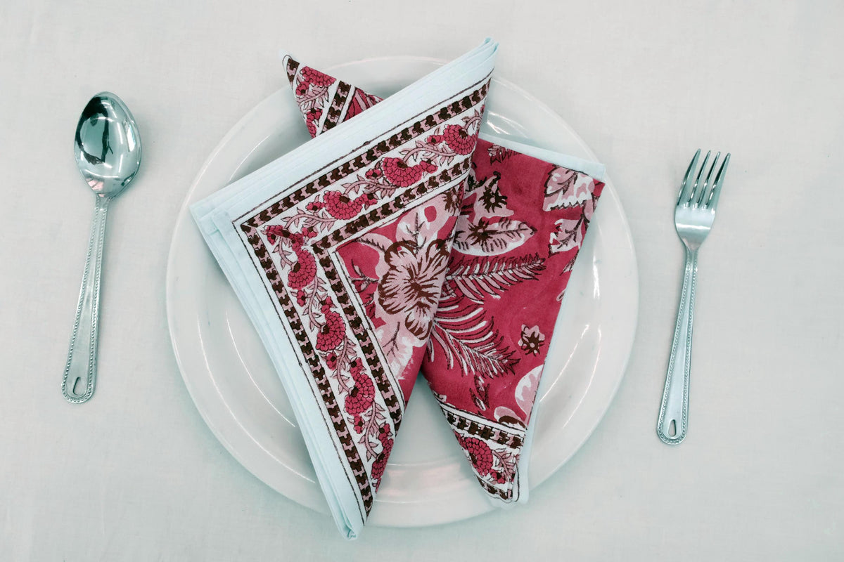 Hand Block Printed Cotton Napkins | Elegant Table Linen- Red and Pink