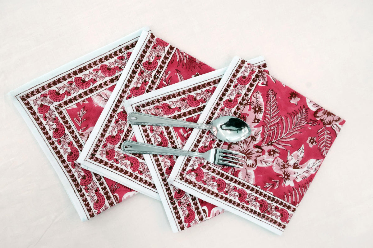 Hand Block Printed Cotton Napkins | Elegant Table Linen- Red and Pink