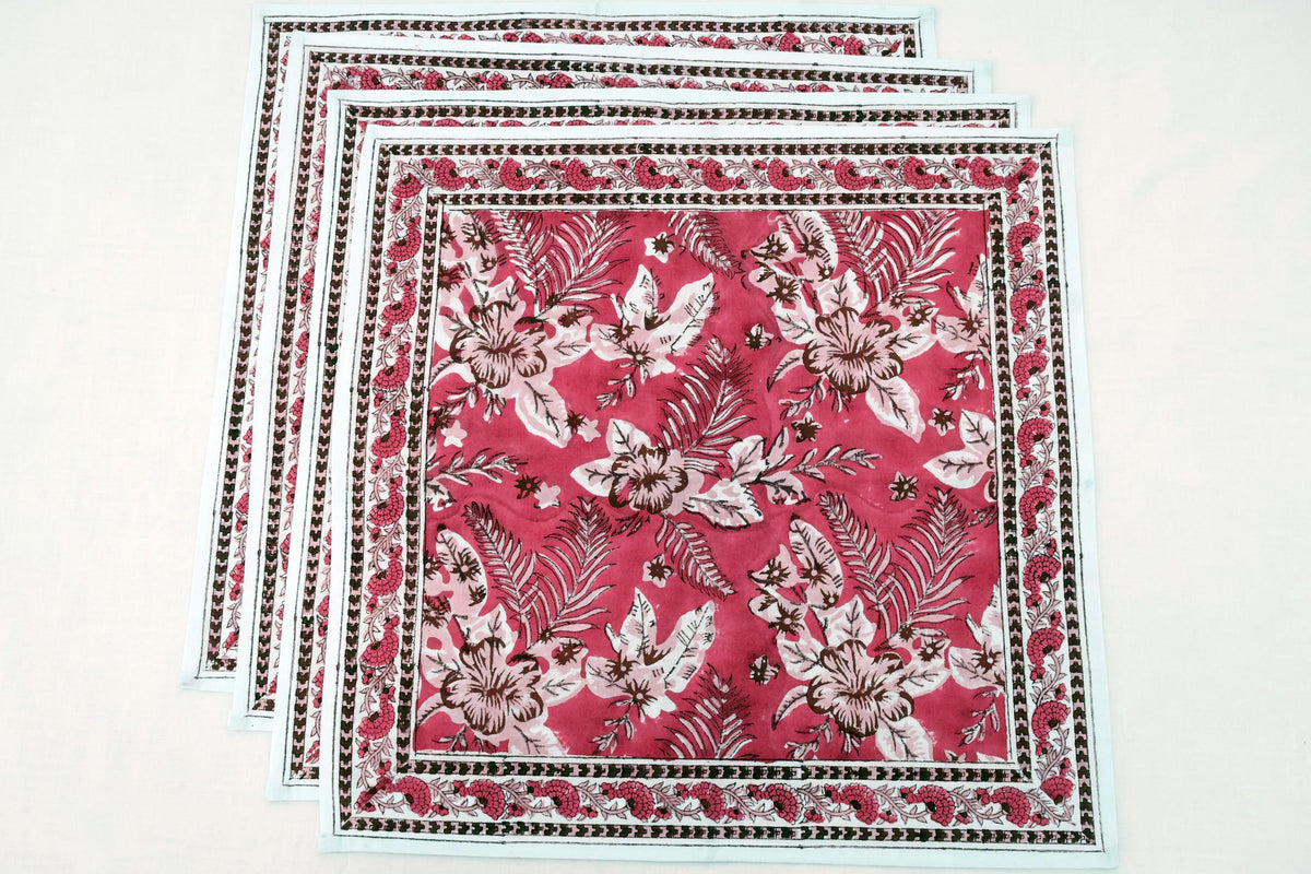 Hand Block Printed Cotton Napkins | Elegant Table Linen- Red and Pink