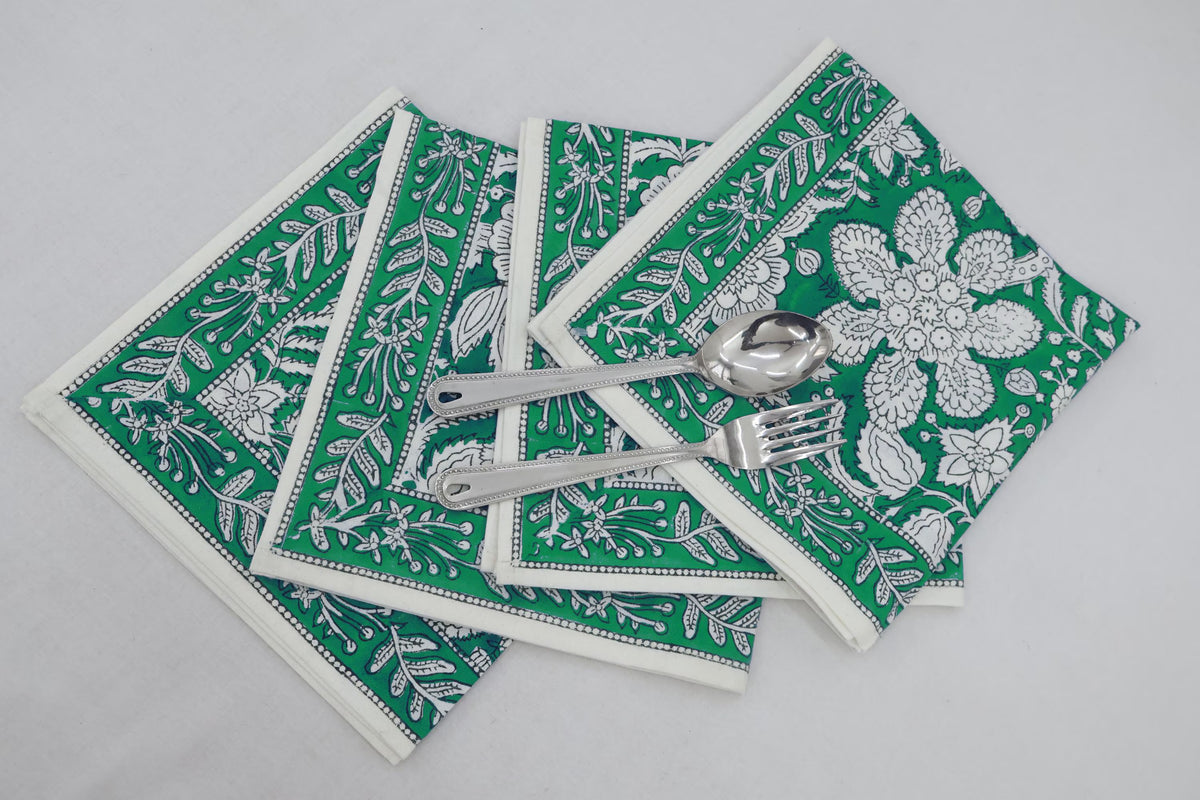 Hand Block Printed Cotton Napkins | Elegant Table Linen- Green and White