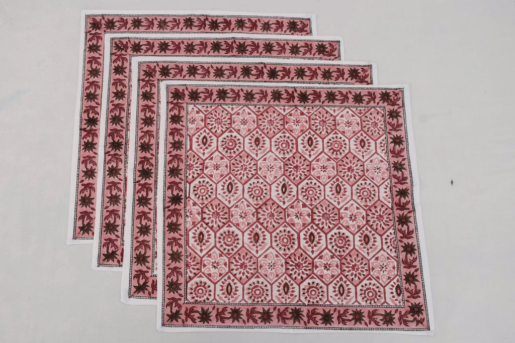 Hand Block Printed Cotton Napkins | Elegant Table Linen- Red and Pink