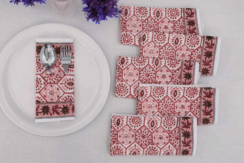 Hand Block Printed Cotton Napkins | Elegant Table Linen- Red and Pink