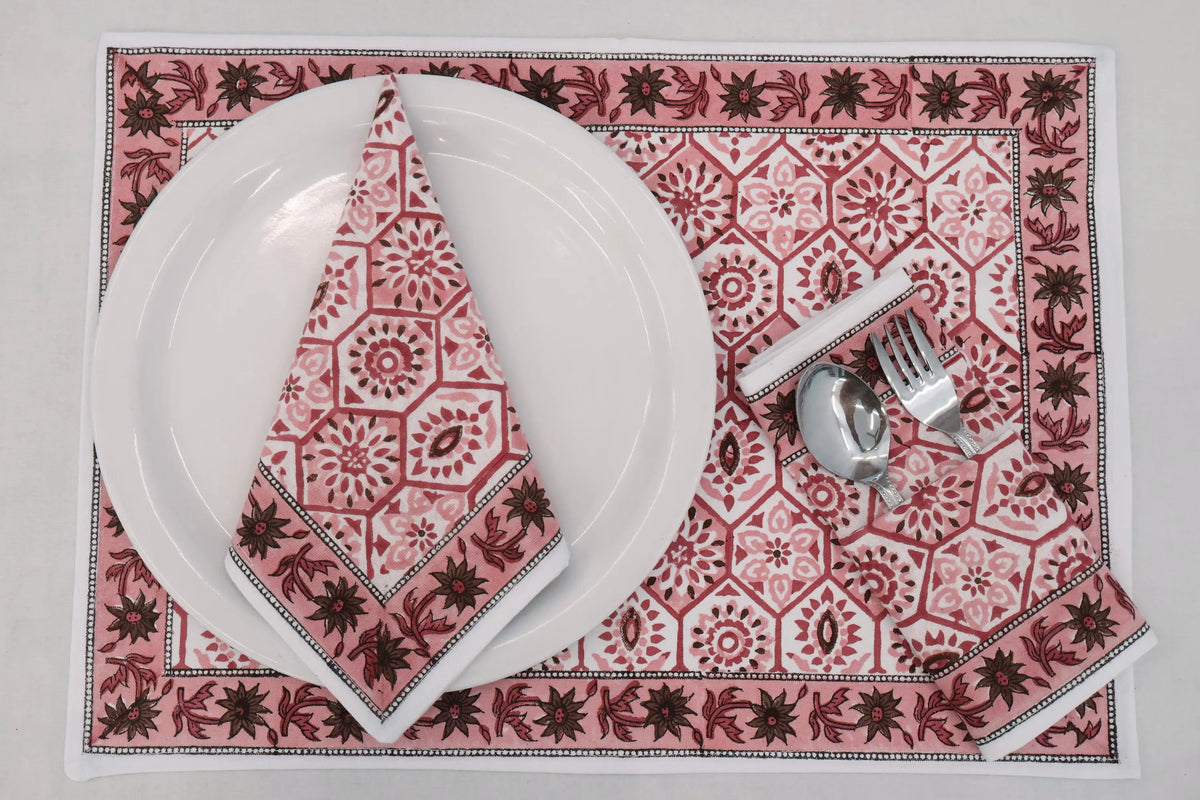 Hand Block Printed Cotton Napkins | Elegant Table Linen- Red and Pink