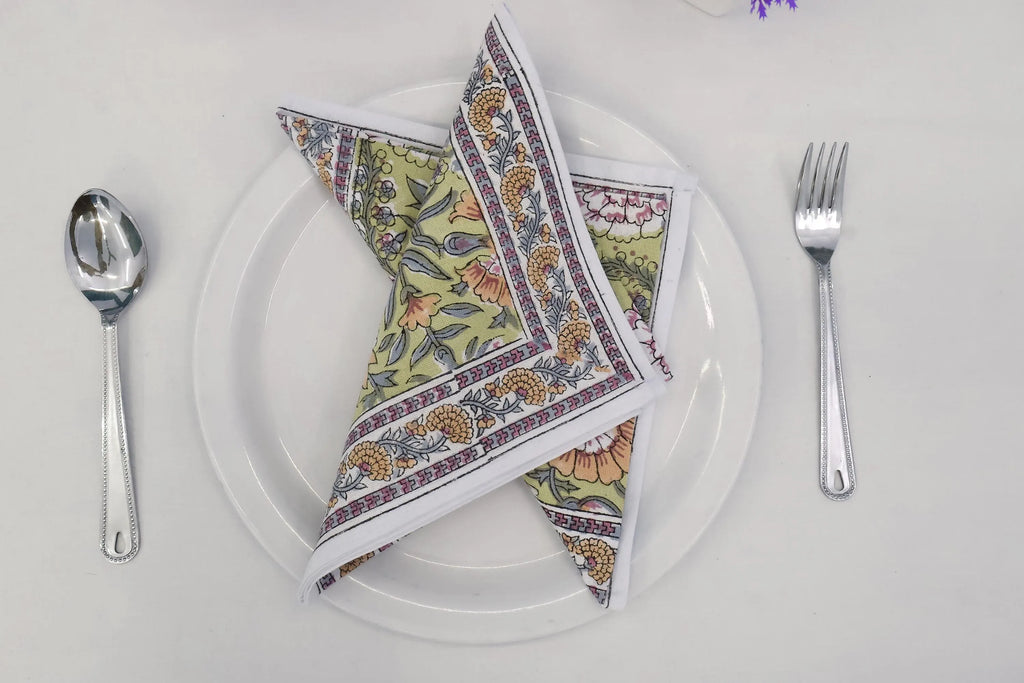 Hand Block Printed Cotton Napkins | Elegant Table Linen- Yellow and Green