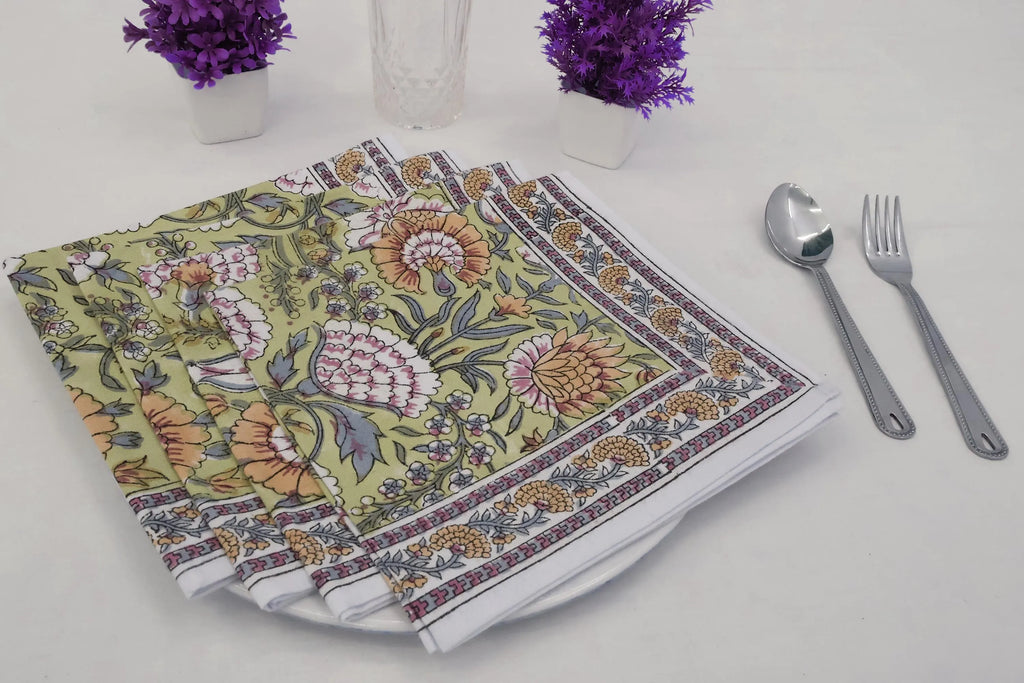 Hand Block Printed Cotton Napkins | Elegant Table Linen- Yellow and Green