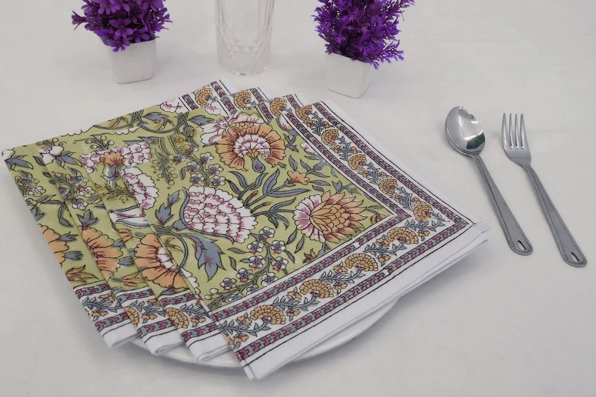 Hand Block Printed Cotton Napkins | Elegant Table Linen- Yellow and Green