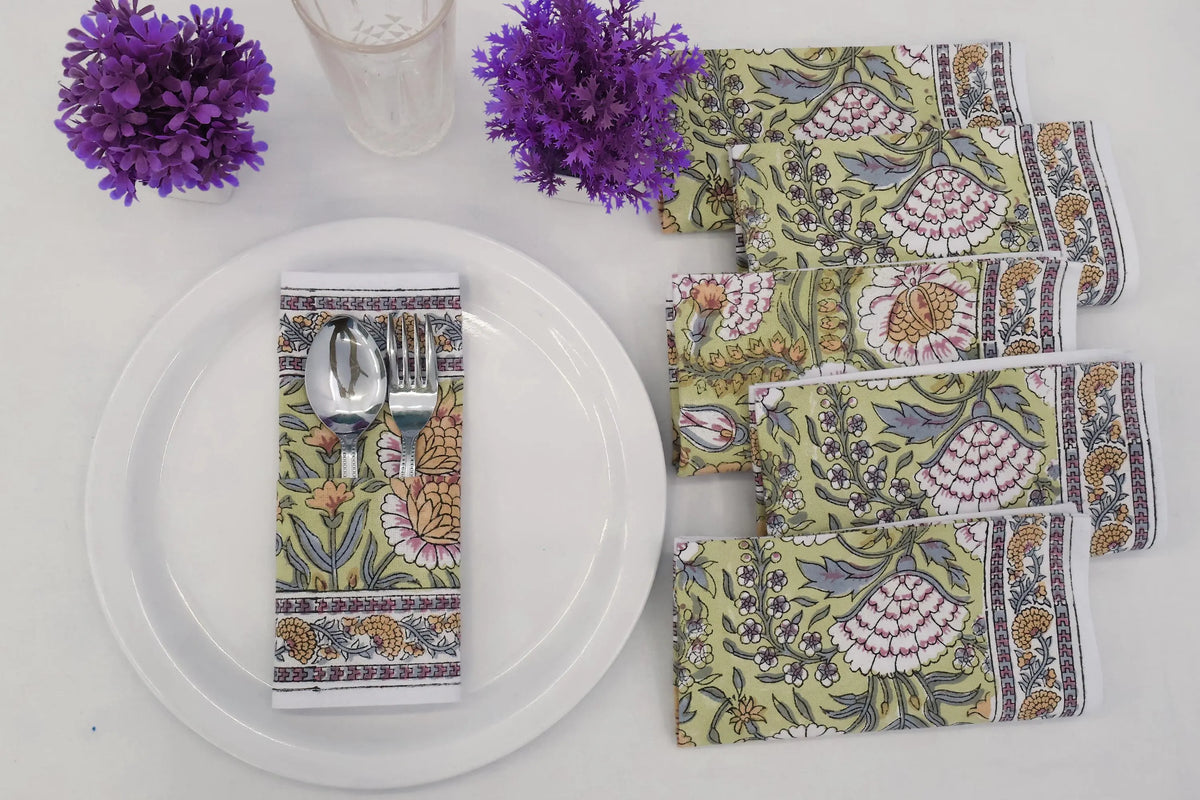 Hand Block Printed Cotton Napkins | Elegant Table Linen- Yellow and Green