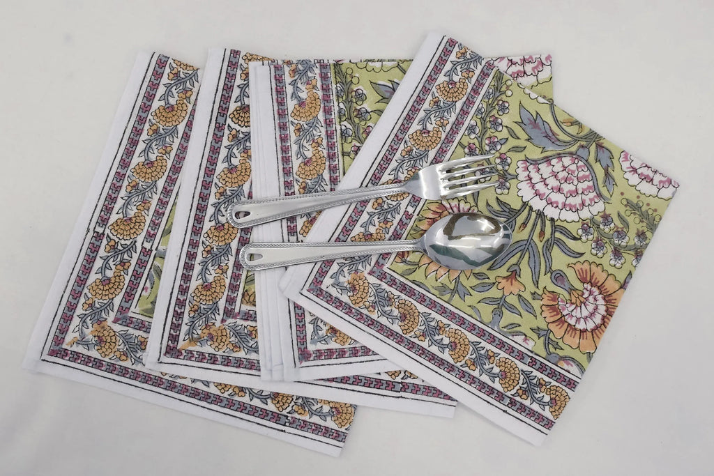Hand Block Printed Cotton Napkins | Elegant Table Linen- Yellow and Green
