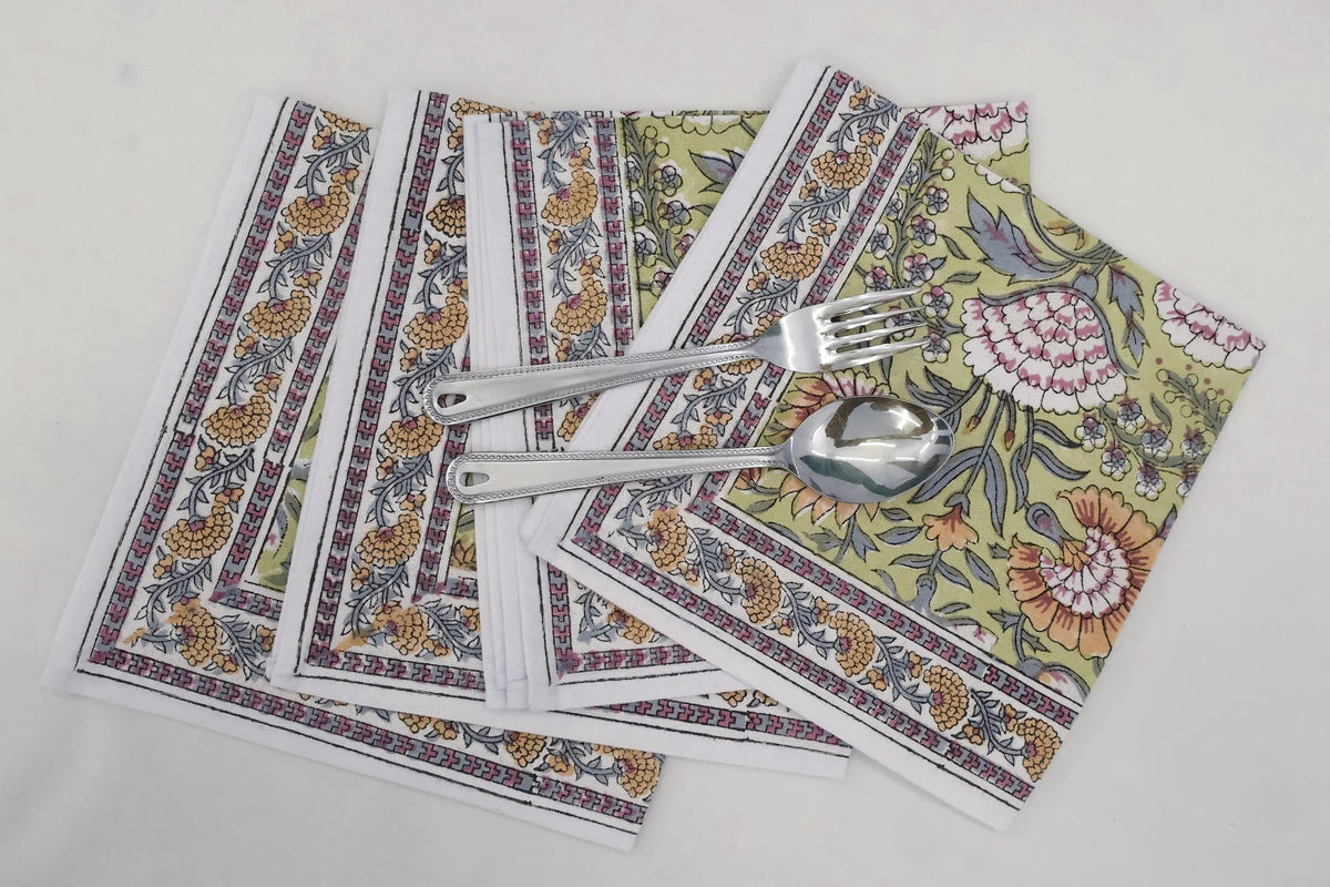 Hand Block Printed Cotton Napkins | Elegant Table Linen- Yellow and Green