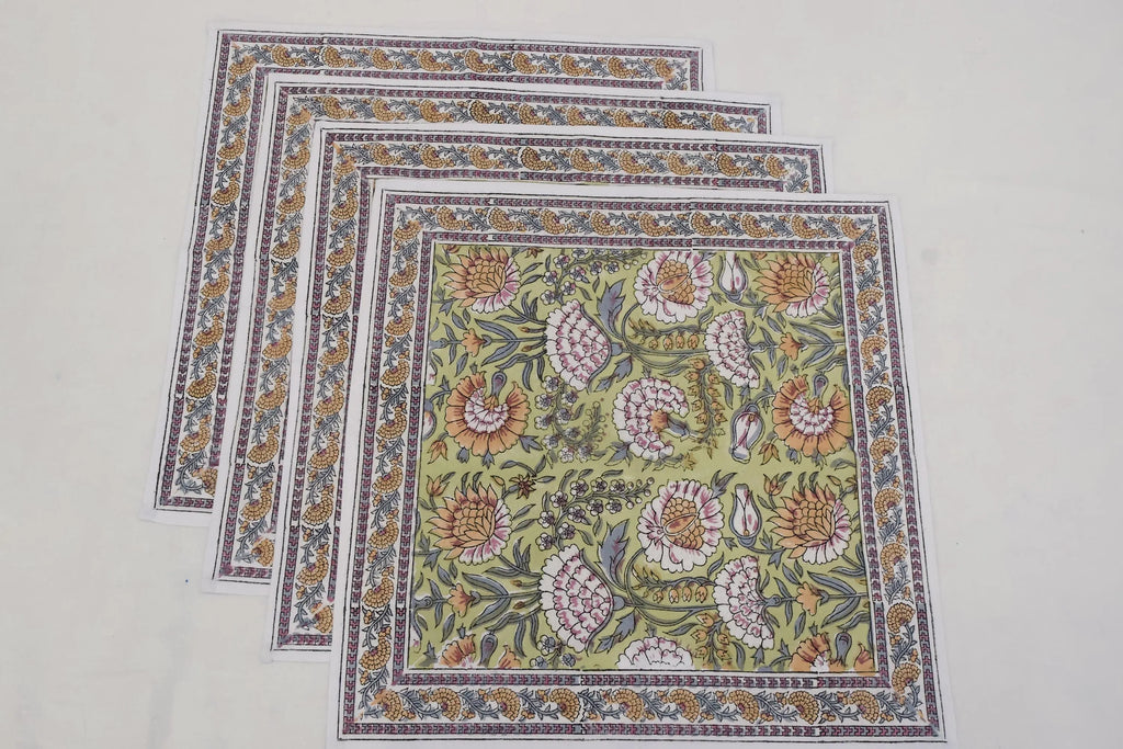 Hand Block Printed Cotton Napkins | Elegant Table Linen- Yellow and Green