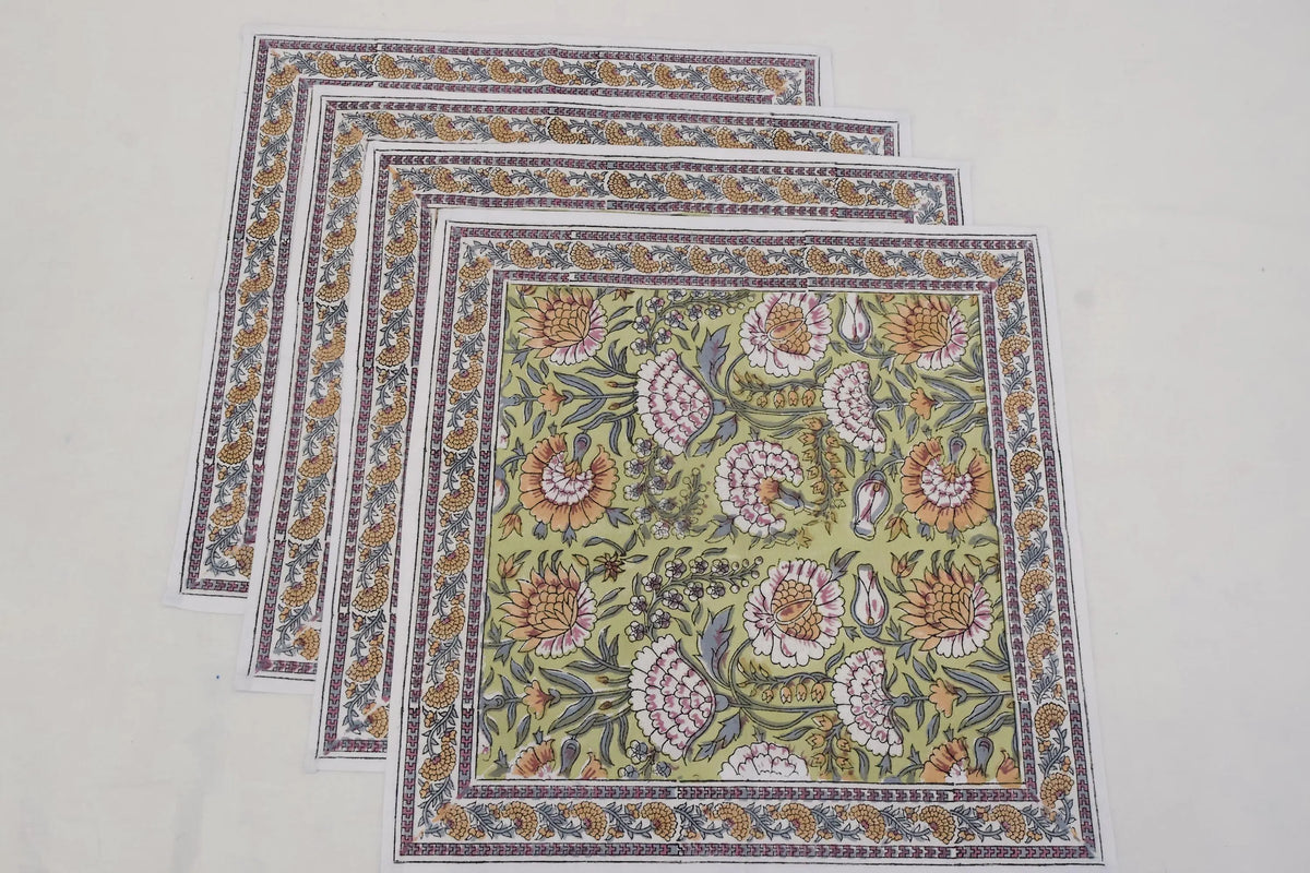 Hand Block Printed Cotton Napkins | Elegant Table Linen- Yellow and Green