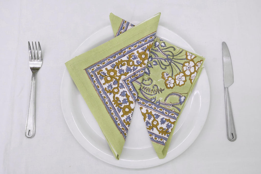 Hand Block Printed Cotton Napkins | Elegant Table Linen- Olive Green and Purple