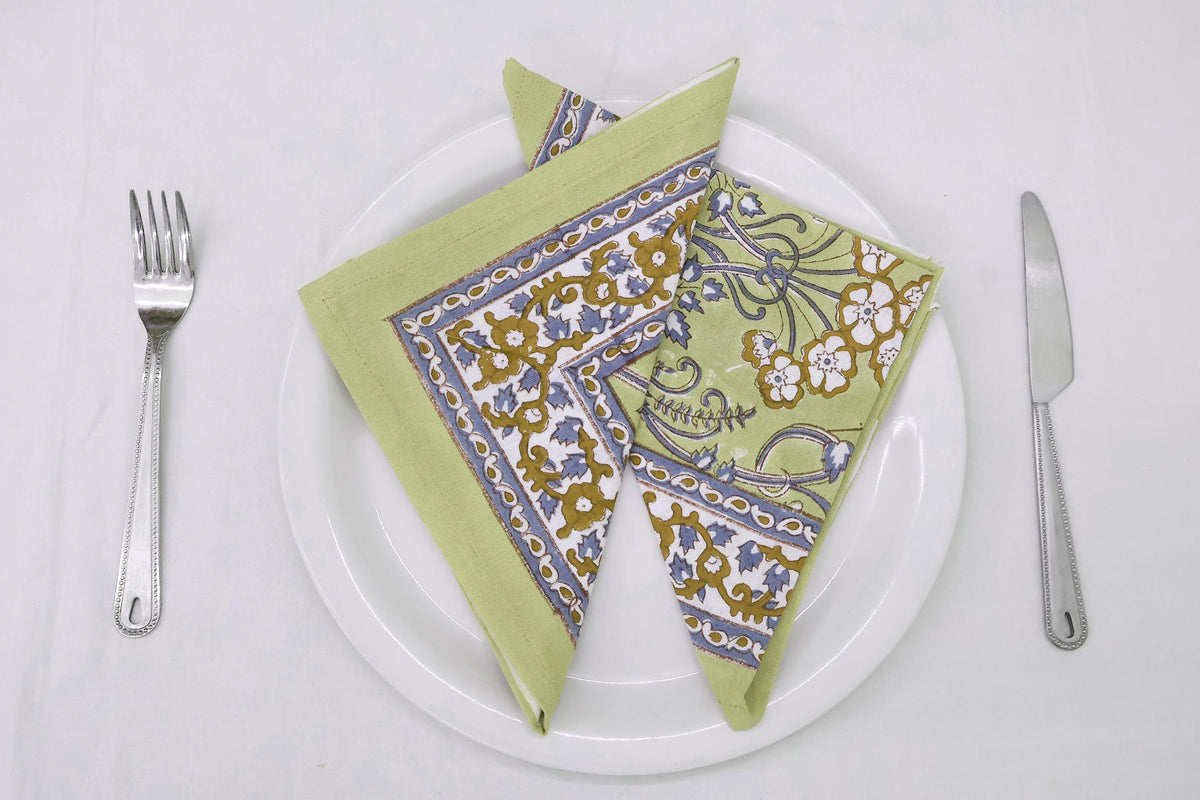Hand Block Printed Cotton Napkins | Elegant Table Linen- Olive Green and Purple