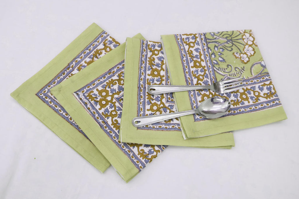 Hand Block Printed Cotton Napkins | Elegant Table Linen- Olive Green and Purple