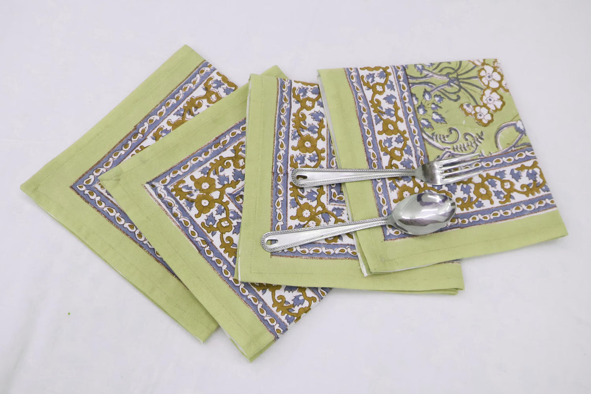 Hand Block Printed Cotton Napkins | Elegant Table Linen- Olive Green and Purple