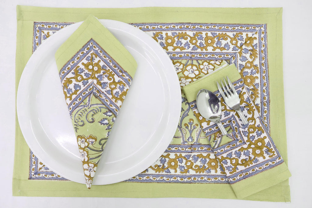 Hand Block Printed Cotton Napkins | Elegant Table Linen- Olive Green and Purple