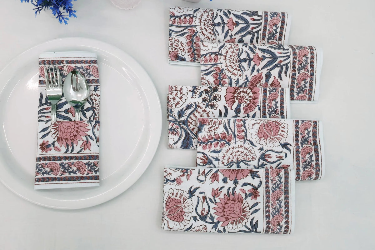 Hand Block Printed Cotton Napkins | Elegant Table Linen- Pink and Blue