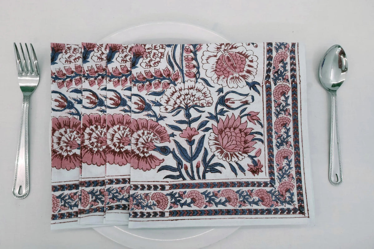 Hand Block Printed Cotton Napkins | Elegant Table Linen- Pink and Blue