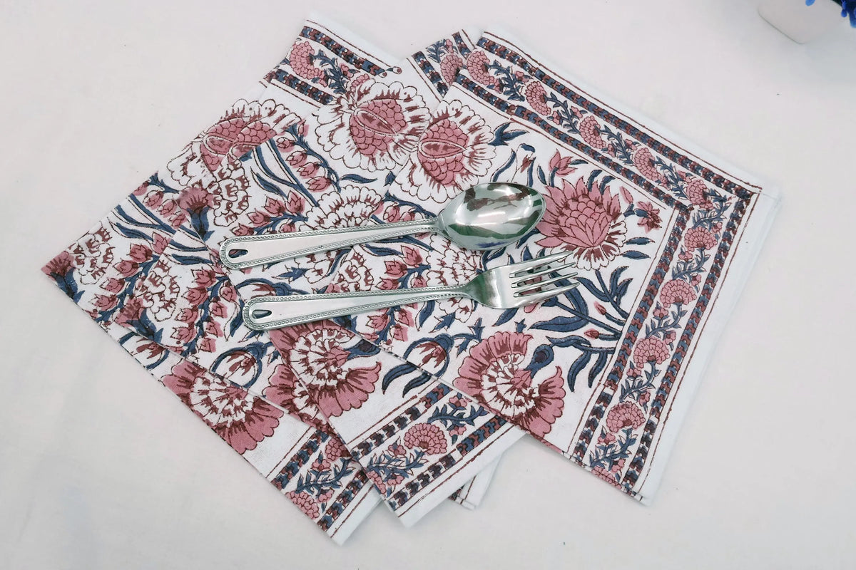 Hand Block Printed Cotton Napkins | Elegant Table Linen- Pink and Blue