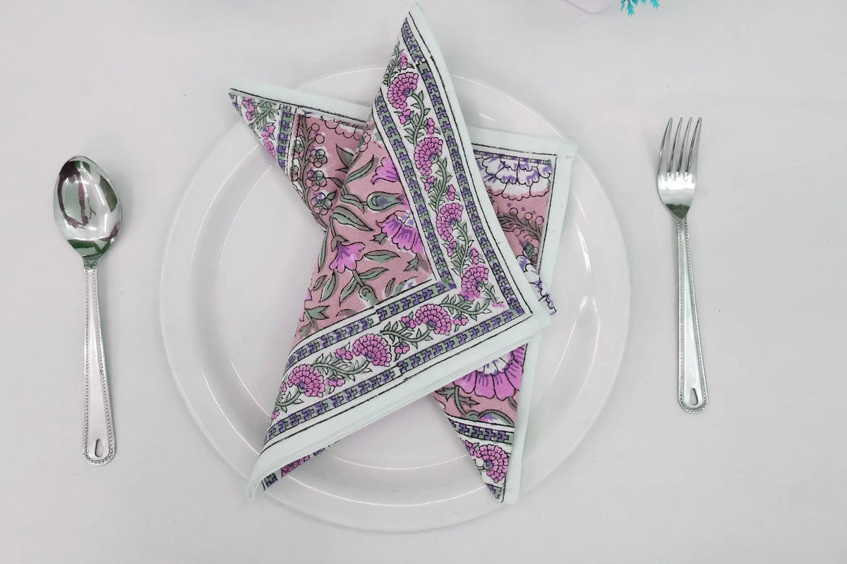 Hand Block Printed Cotton Napkins | Elegant Table Linen- Pink and Green