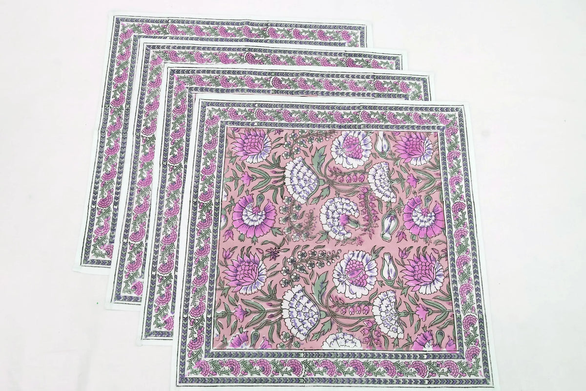 Hand Block Printed Cotton Napkins | Elegant Table Linen- Pink and Green