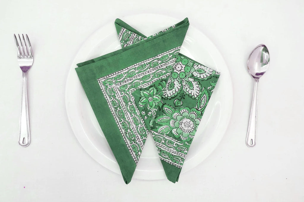 Hand Block Printed Cotton Napkins | Elegant Table Linen- Green and White