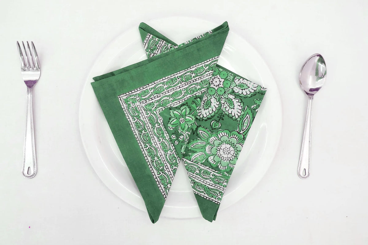Hand Block Printed Cotton Napkins | Elegant Table Linen- Green and White