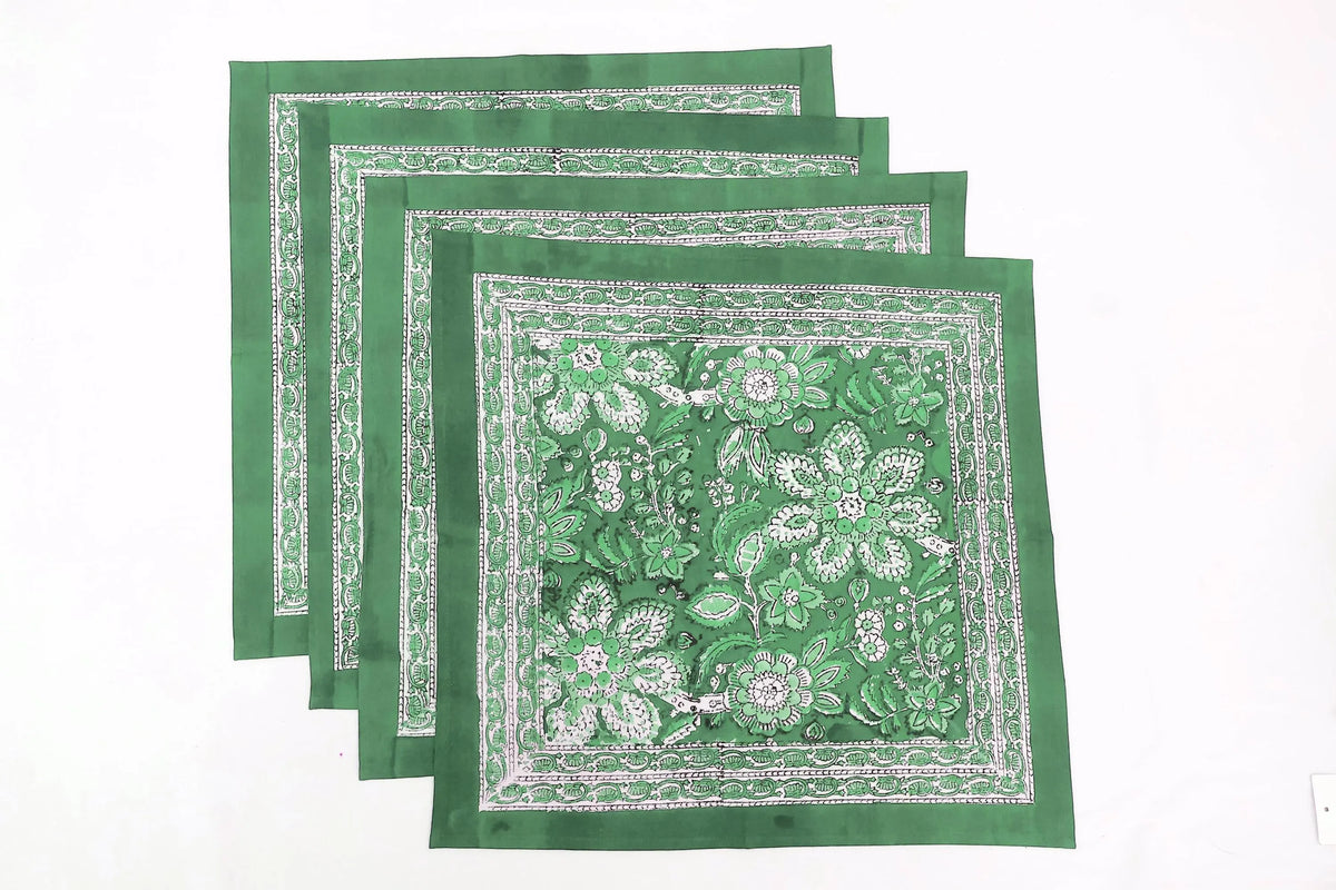 Hand Block Printed Cotton Napkins | Elegant Table Linen- Green and White