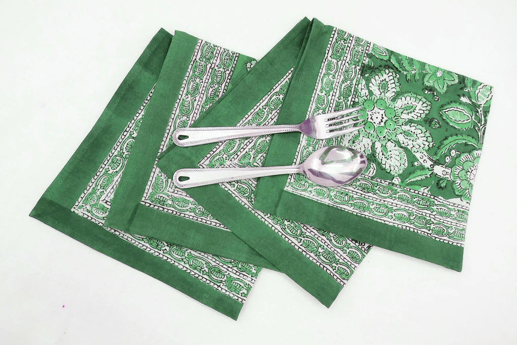 Hand Block Printed Cotton Napkins | Elegant Table Linen- Green and White